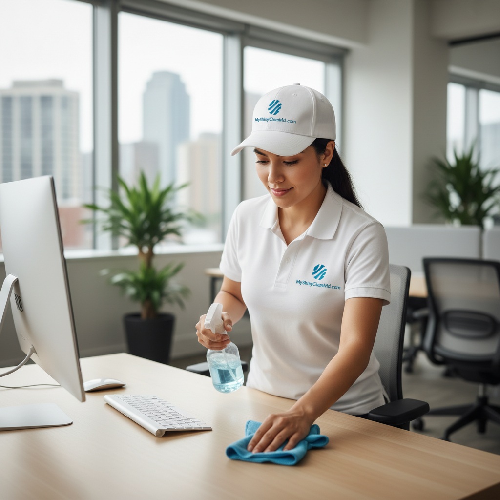 AI-generated cleaner sanitizing office desk