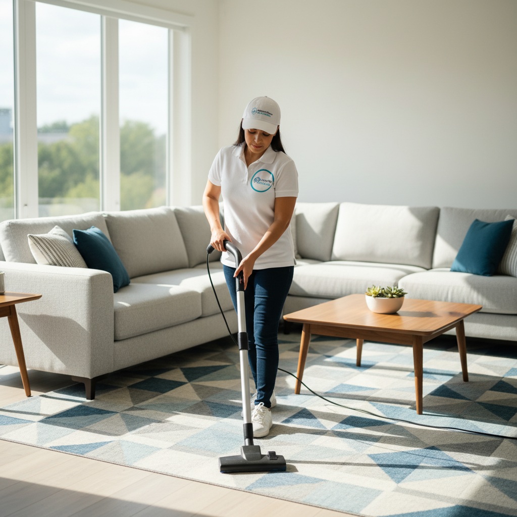 AI-generated cleaner vacuuming living room floor